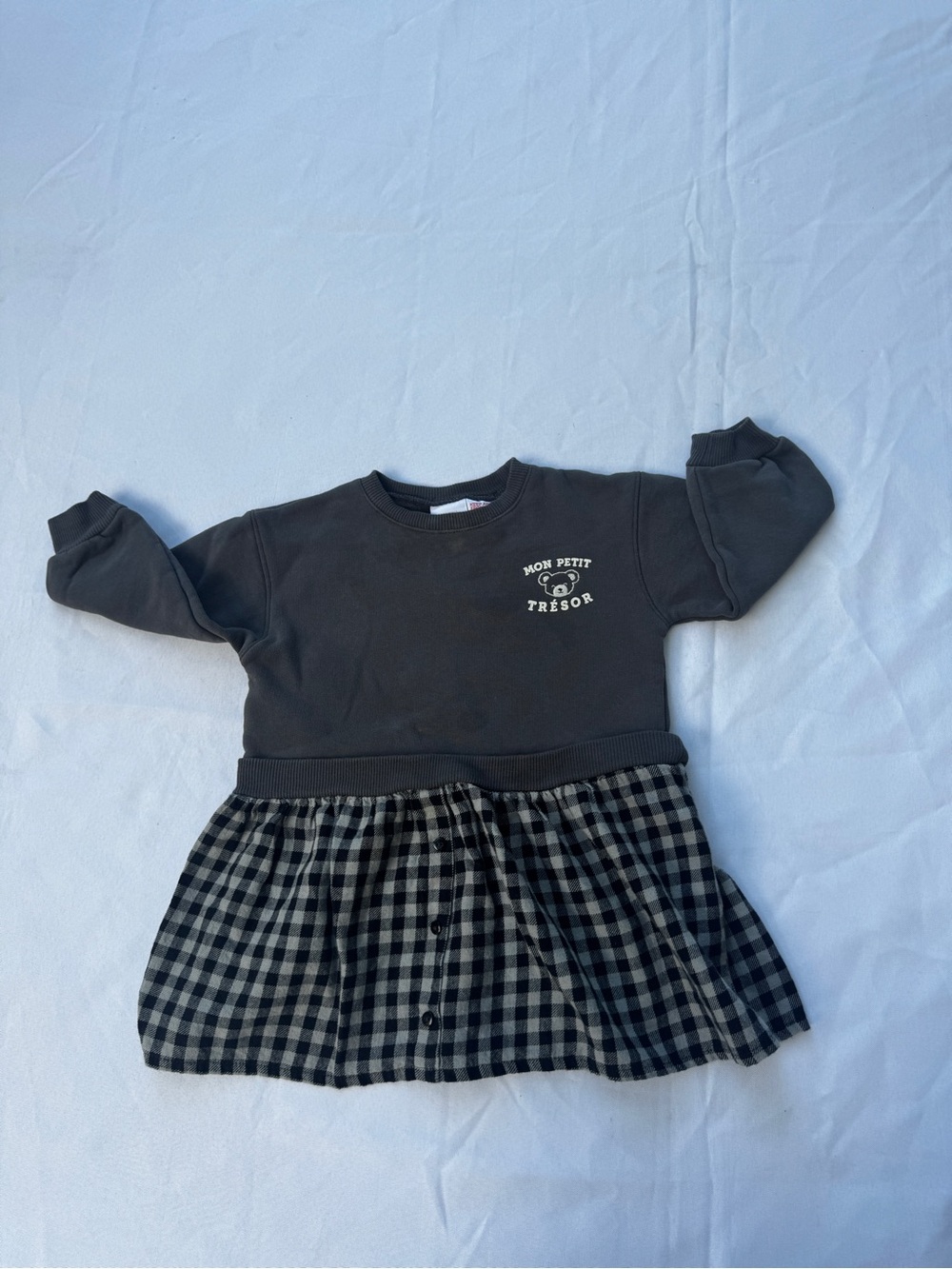 Zara Girls Black Crewneck Sweatshirt Dress with Gingham Skirt 18-24 months